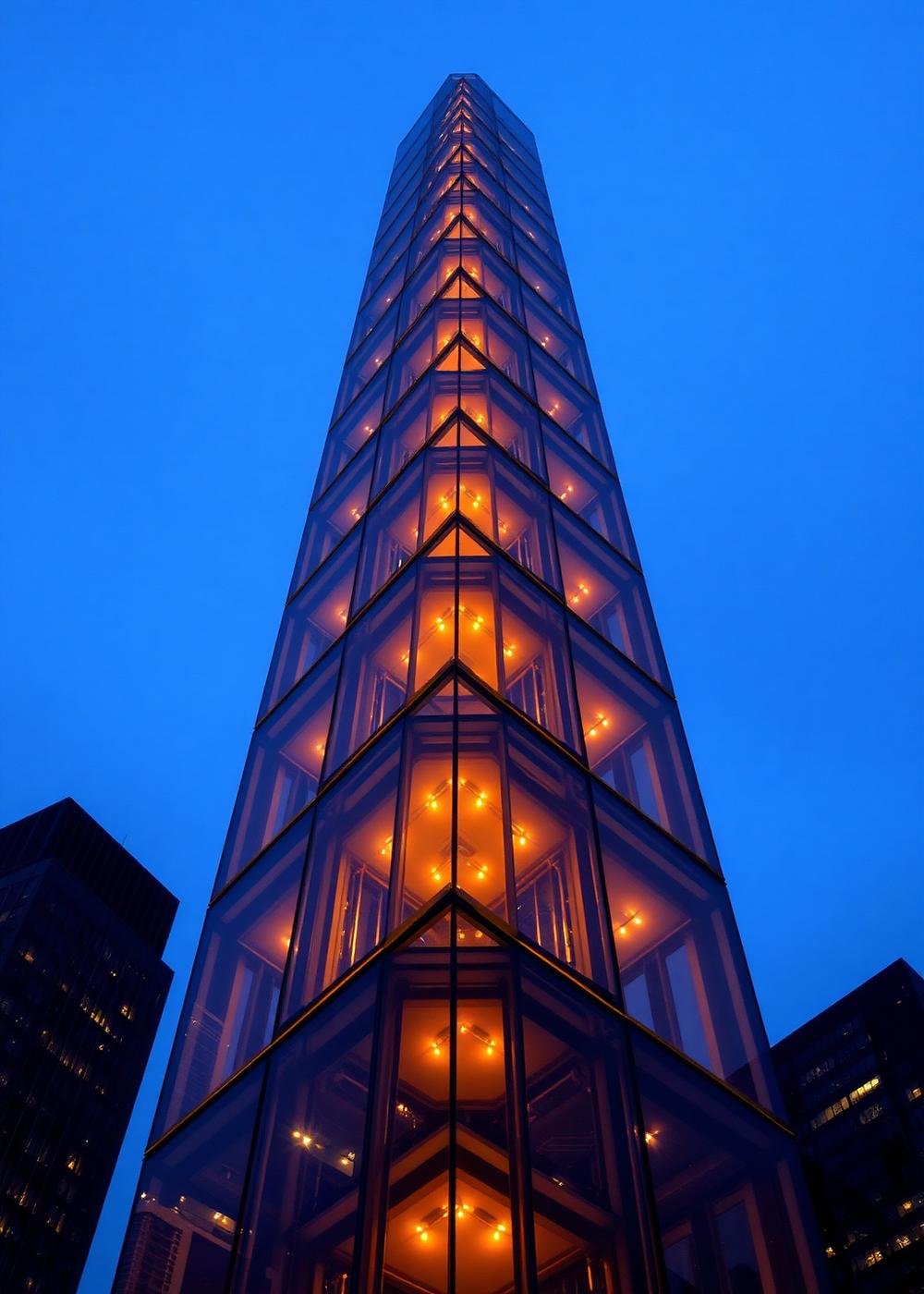 Nine offset glass cubes rising into the twilight