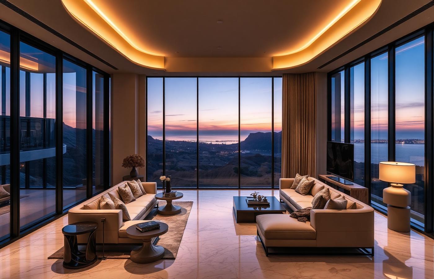 Living room of a Waldorf Astoria residence at dusk