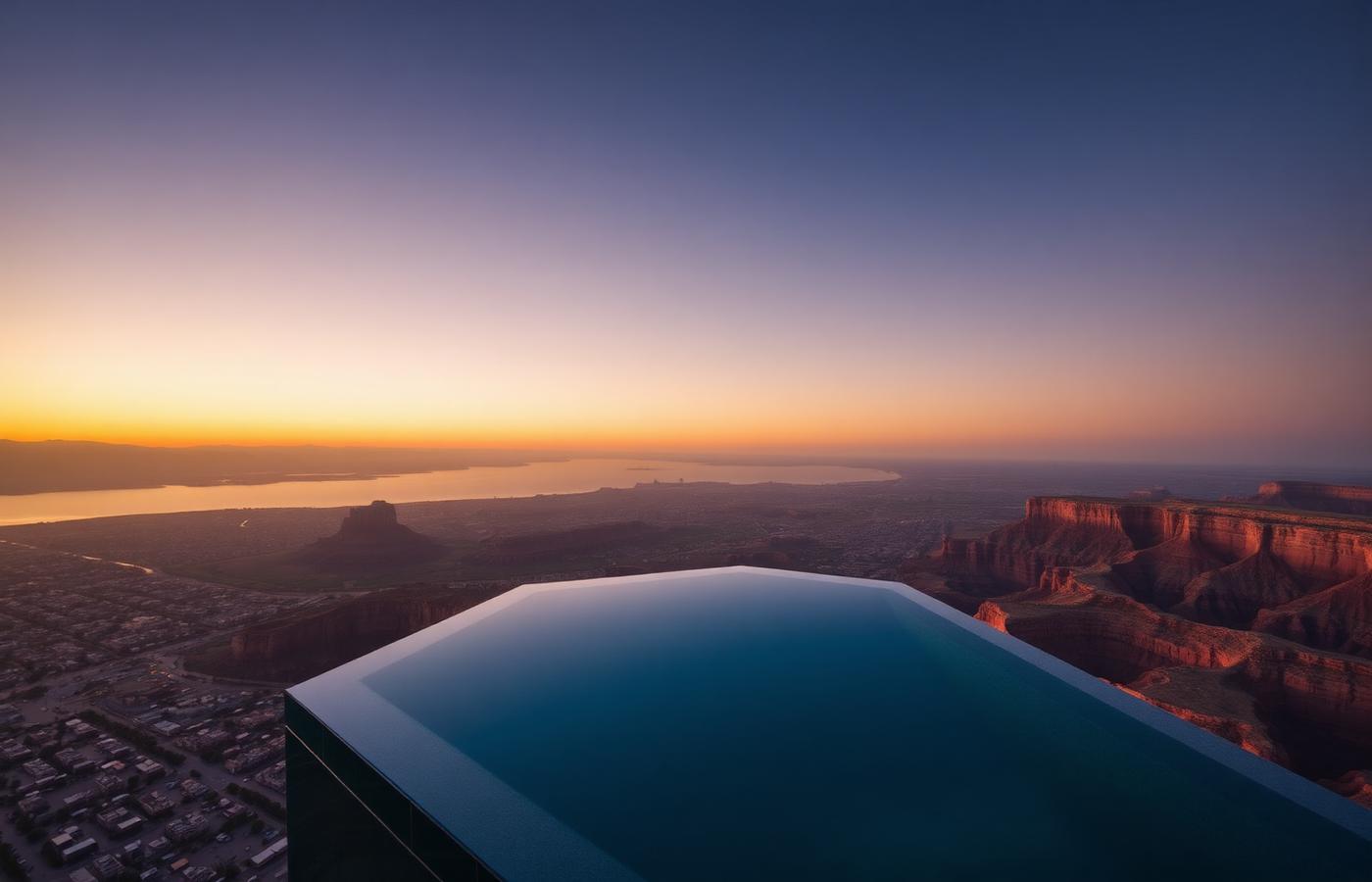 Rooftop infinity pool overlooking Costa Mesa and the Sandorian canyons